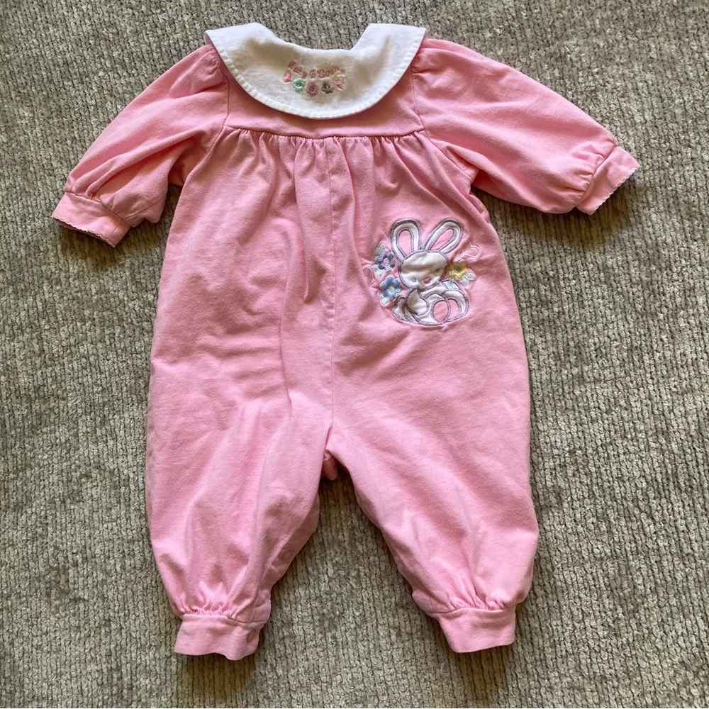 Vintage Baby B'Gosh Pink Bunny Romper 6-9M Embroidered Cotton 80s 90s Retro‎